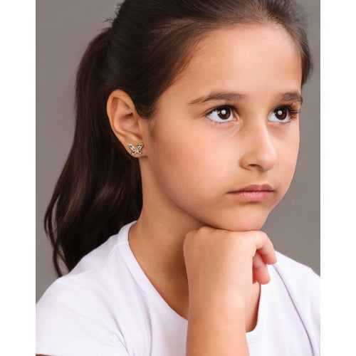 Brinco Infantil Borboleta Colorida 9 mm Banhado a Ouro 18K
