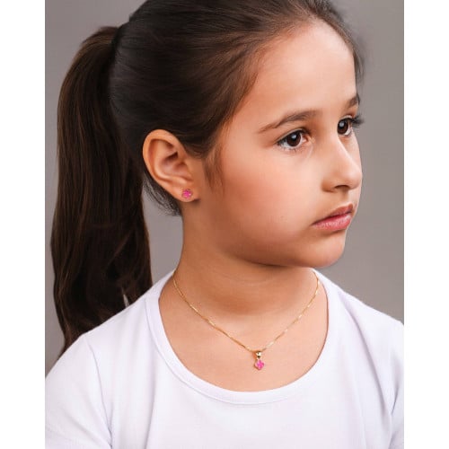 Brinco Infantil Trevo Rosa 7 mm Banhado a Ouro 18K