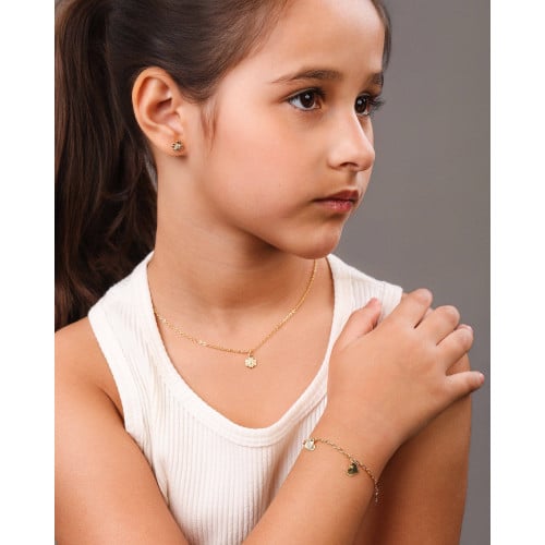 Brinco Infantil Flor Riscada 7 mm Ponto de Luz Cristal Banhado a Ouro 18K