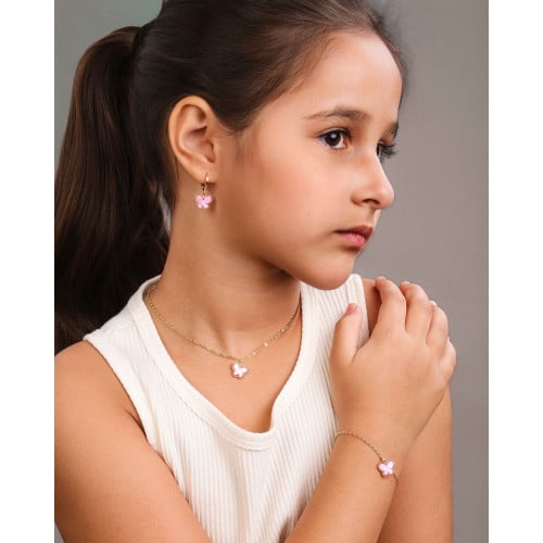 Gargantilha Infantil Elos Borboleta Rosa Banhado a Ouro 18K - 30 cm