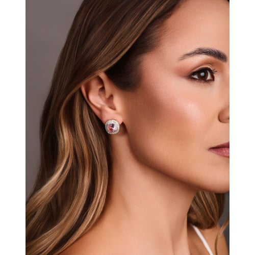 Brinco Quadrado Ponto de Luz Safira Rosa Cravejado Cristal Banhado a Ouro 18K
