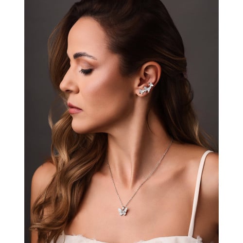 Ear Cuff Borboletas Cravejadas Cristal 2.6 cm Ródio Branco