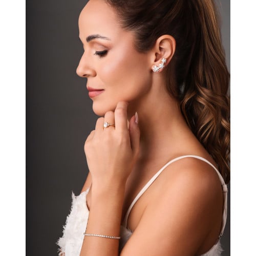 Ear Cuff Flores Cravejadas Cristal Banhado a Ouro 18K