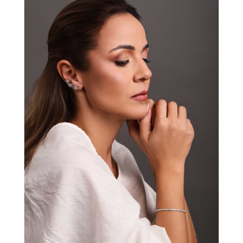 Ear Cuff Flores Cravejadas Cristal Ródio Branco
