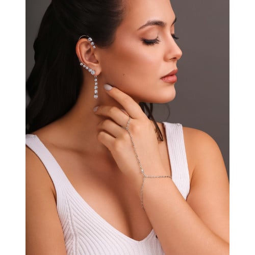 Ear Cuff Franja Pontos de Luz Cristal Ródio Branco