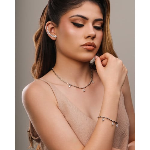 Ear Cuff Pontos de Luz Ovais Cravejado Cristal Ródio Branco