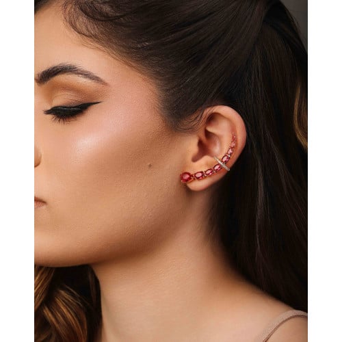 Ear Cuff Pontos de Luz Ovais Rubi Cravejado Cristal Banhado a Ouro 18K