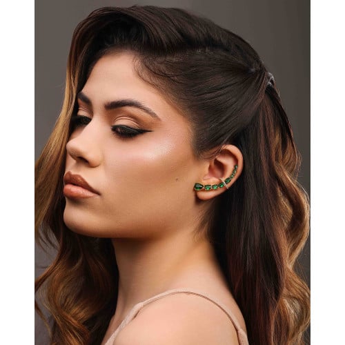 Ear Cuff Pontos de Luz Ovais Esmeralda Cravejado Cristal Banhado a Ouro 18K