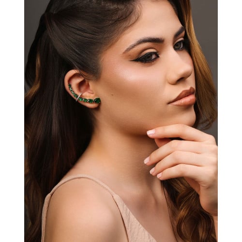 Ear Cuff Pontos de Luz Ovais Esmeralda Cravejado Cristal Ródio Branco