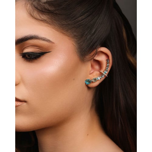 Ear Cuff Pontos de Luz Ovais Topázio Sky Cravejado Cristal Banhado a Ouro 18K