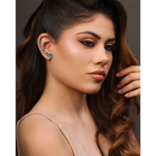 Ear Cuff Pontos de Luz Ovais Topázio Sky Cravejado Cristal Ródio Branco