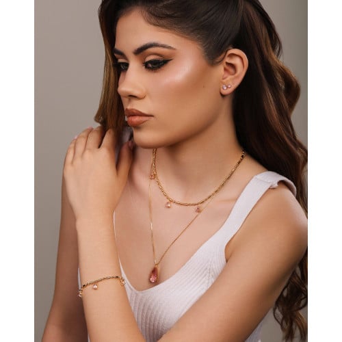 Pulseira Gomos Gotas Safira Rosa Banhado a Ouro 18K