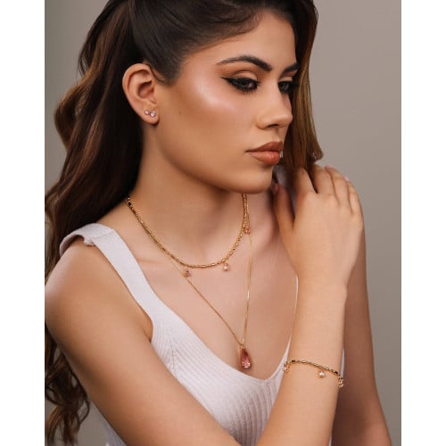 Gargantilha Longa Gota Safira Rosa 2.6 cm Banhado a Ouro 18K - 60 cm