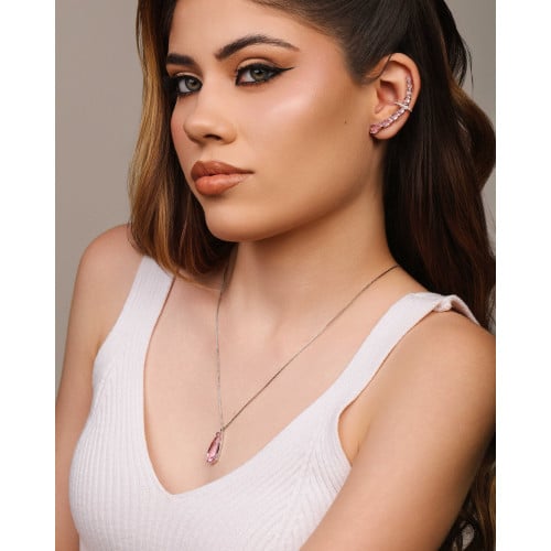 Gargantilha Longa Gota Safira Rosa 2.6 cm Ródio Branco - 60 cm