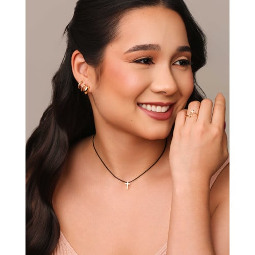 Anel Ajustável Cruz Cravejada e Lisa Tamanho P Banhado a Ouro 18K