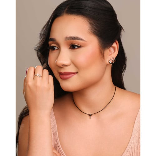 Anel Ajustável Cruz Cravejada e Lisa Tamanho M Ródio Branco