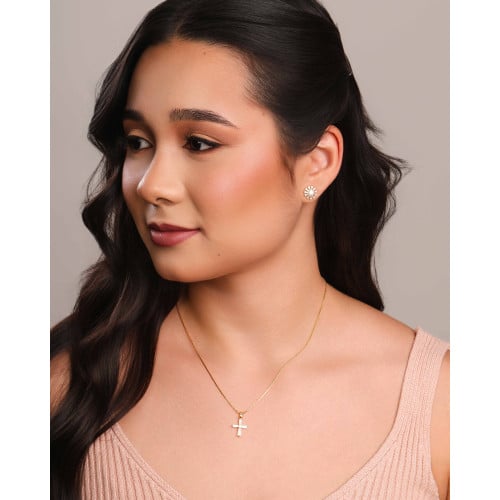 Brinco Flor Baguetes Ponto de Luz Cristal Banhado a Ouro 18K