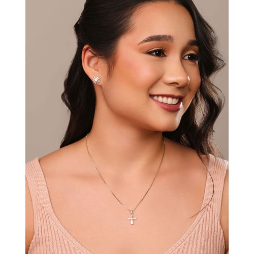 Gargantilha Veneziana Cruz Baguetes Cristal Ródio Branco - 45 cm