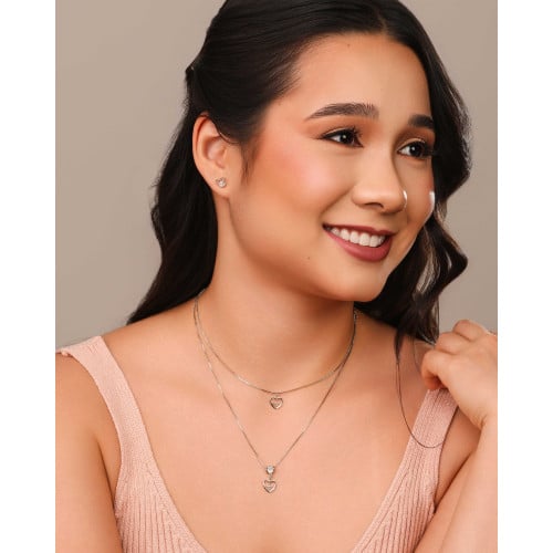 Gargantilha Dupla Corações Espirito Santo Cravejado Cristal Ródio Branco