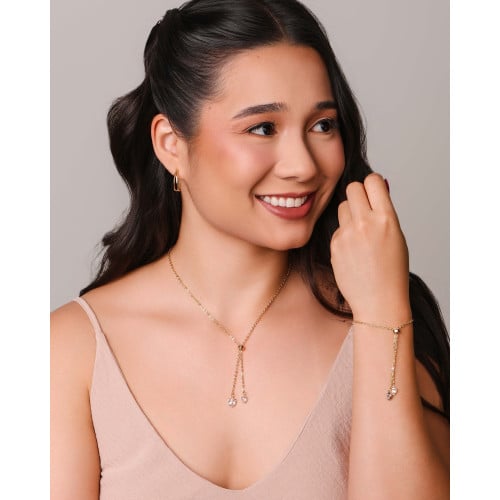 Pulseira Elos Corações Cristal Fecho Gravata Banhado a Ouro 18K