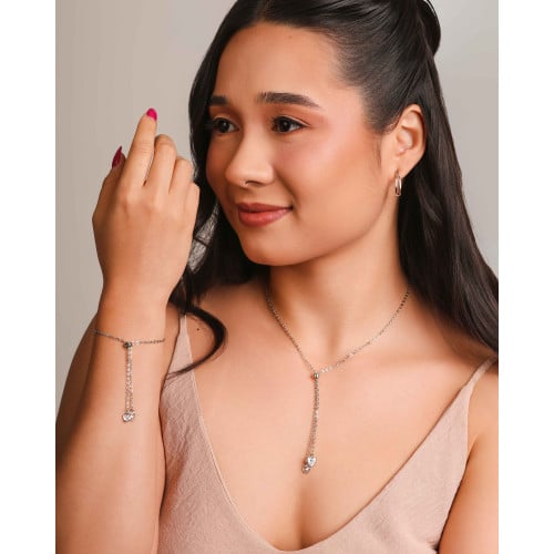 Pulseira Elos Corações Cristal Fecho Gravata Ródio Branco