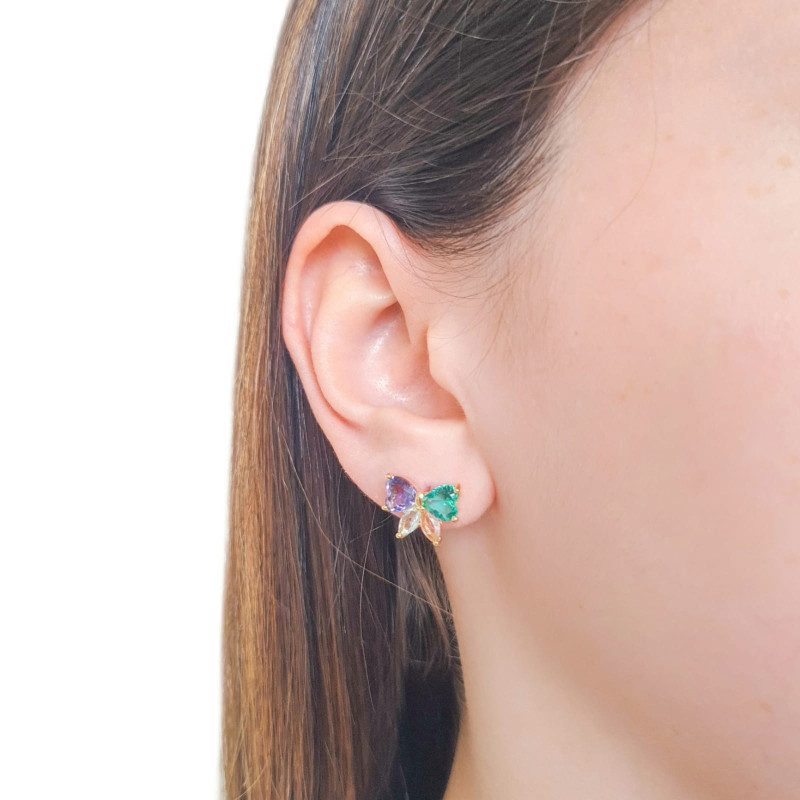 Brinco Laço Colorido Banhado a Ouro 18K