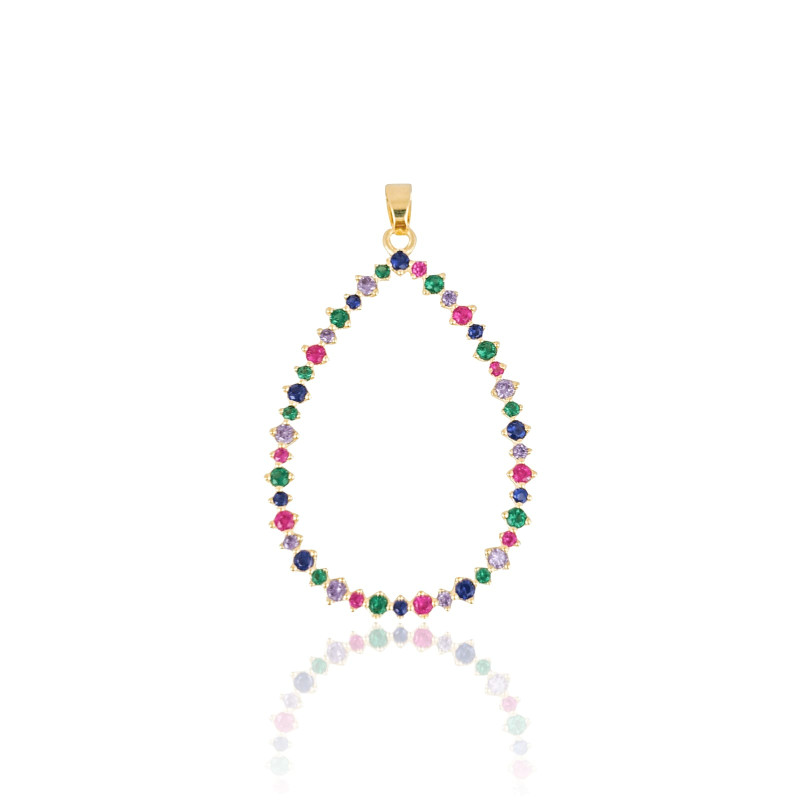 Pingente Gota Vazada Cravejada Colorida Banhado a Ouro 18K