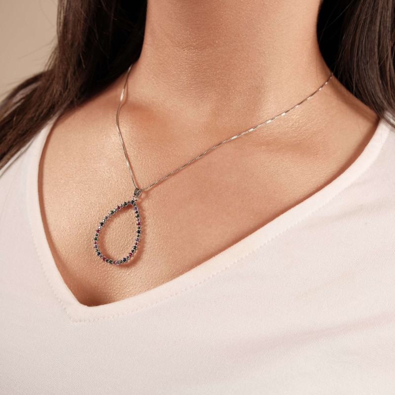 Pingente Gota Vazada Cravejada Colorida Ródio Branco
