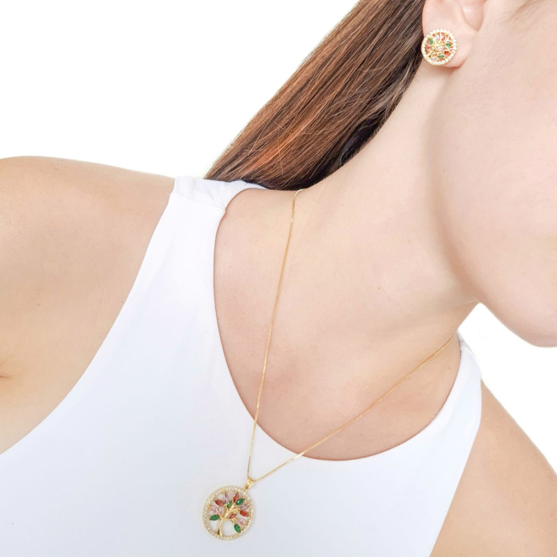 Conjunto Arvore da Vida Colorida Borda Cravejada Cristal Banhado a Ouro 18K