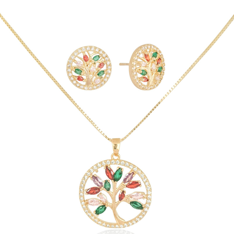 Conjunto Arvore da Vida Colorida Borda Cravejada Cristal Banhado a Ouro 18K