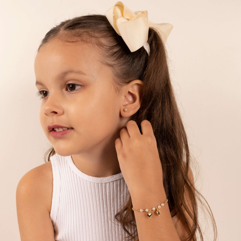 Pulseira Infantil Elo Português Perolas e Corações Banhado a Ouro 18K