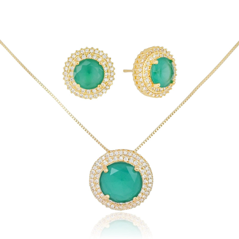 Conjunto Ponto de Luz Esmeralda Fusion Redondo Borda Dupla Cravejada Cristal Banhado a Ouro 18K