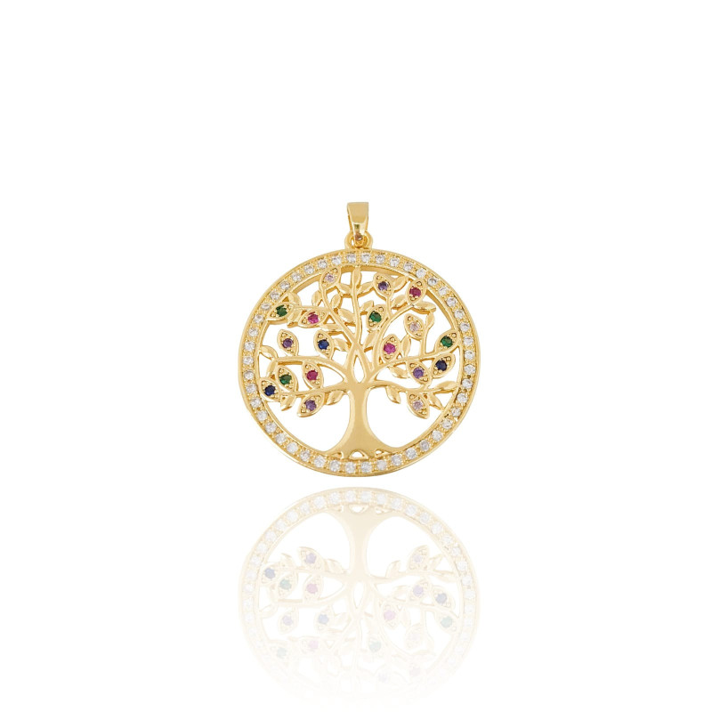 Pingente Arvore da Vida Colorida Borda Cravejada Cristal Banhado a Ouro 18K