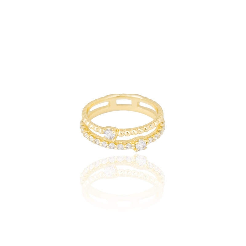 Anel Dois Filetes Pipoca Cravejado e Pontos de Luz Cristal Tamanho 20 Banhado a Ouro 18K