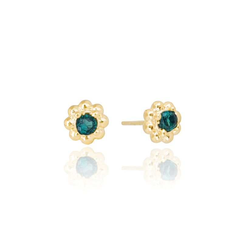 Brinco Infantil Flor Ponto de Luz Esmeralda Banhado a Ouro 18K