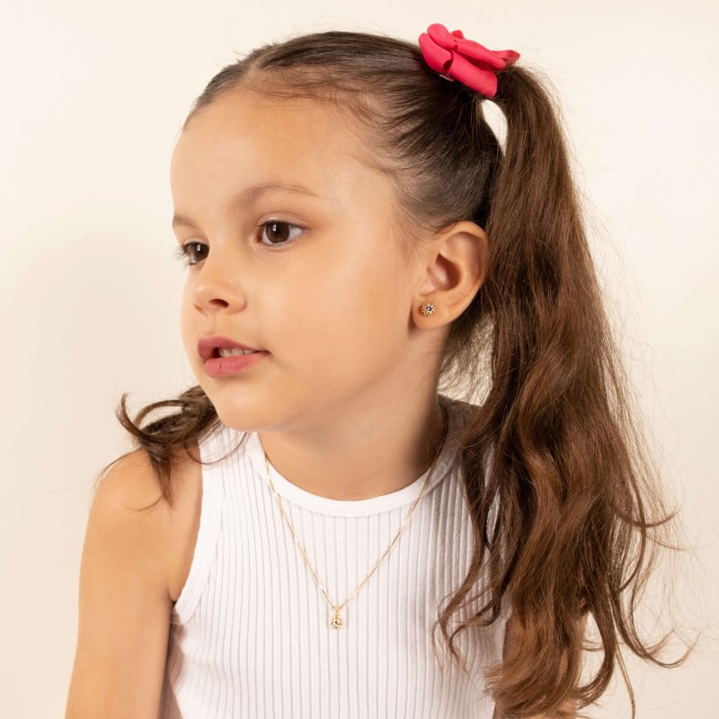 Brinco Infantil Flor Ponto de Luz Safira Rosa Banhado a Ouro 18K