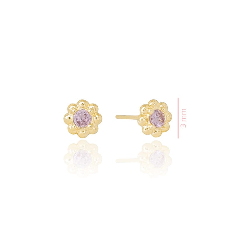 Brinco Infantil Flor Ponto de Luz Safira Rosa Banhado a Ouro 18K