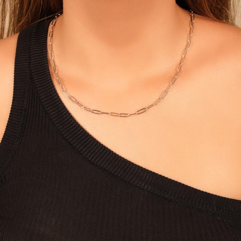 Gagantilha Elos 3X10 MM Fecho Coração Liso Ródio Branco