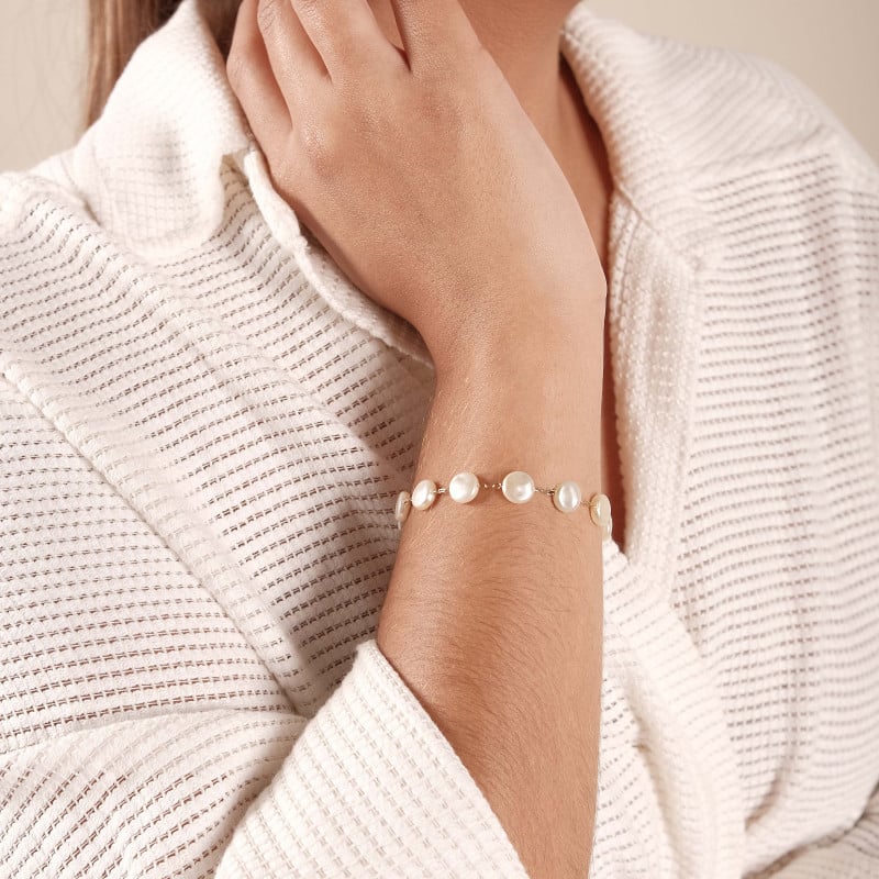 Pulseira Pérolas Achatadas Banhado a Ouro 18K