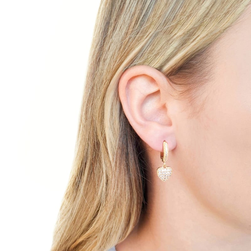 Brinco Argola Pingente Coração Cravejados Cristal Banhado a Ouro 18K