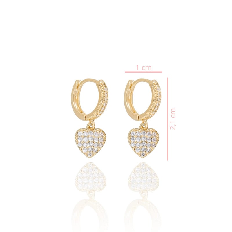 Brinco Argola Pingente Coração Cravejados Cristal Banhado a Ouro 18K