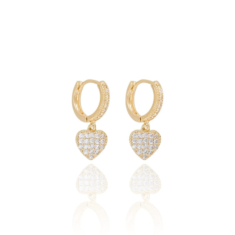 Brinco Argola Pingente Coração Cravejados Cristal Banhado a Ouro 18K
