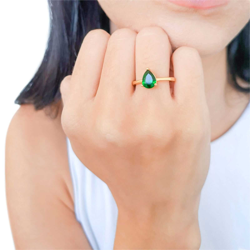 Anel Gota Esmeralda Tamanho 14 Banhado a Ouro 18K