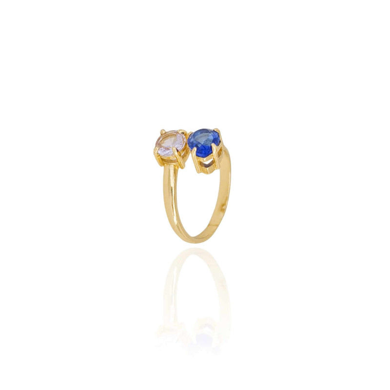 Anel Ajustável Gota Safira Ponto de Luz Azul Claro Tamanho M Banhado a Ouro 18K