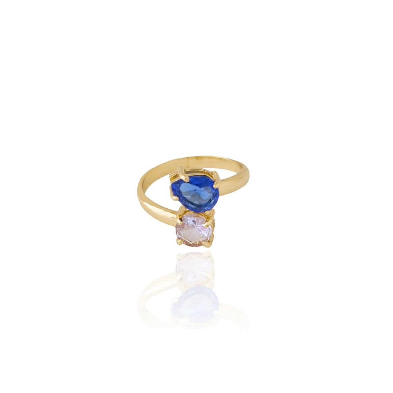 Anel Ajustável Gota Safira Ponto de Luz Azul Claro Tamanho M Banhado a Ouro 18K