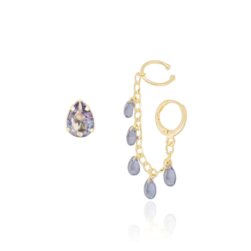 Brinco Gota Piercing Argola Unilateral Gotas Ametista Banhado a Ouro 18K