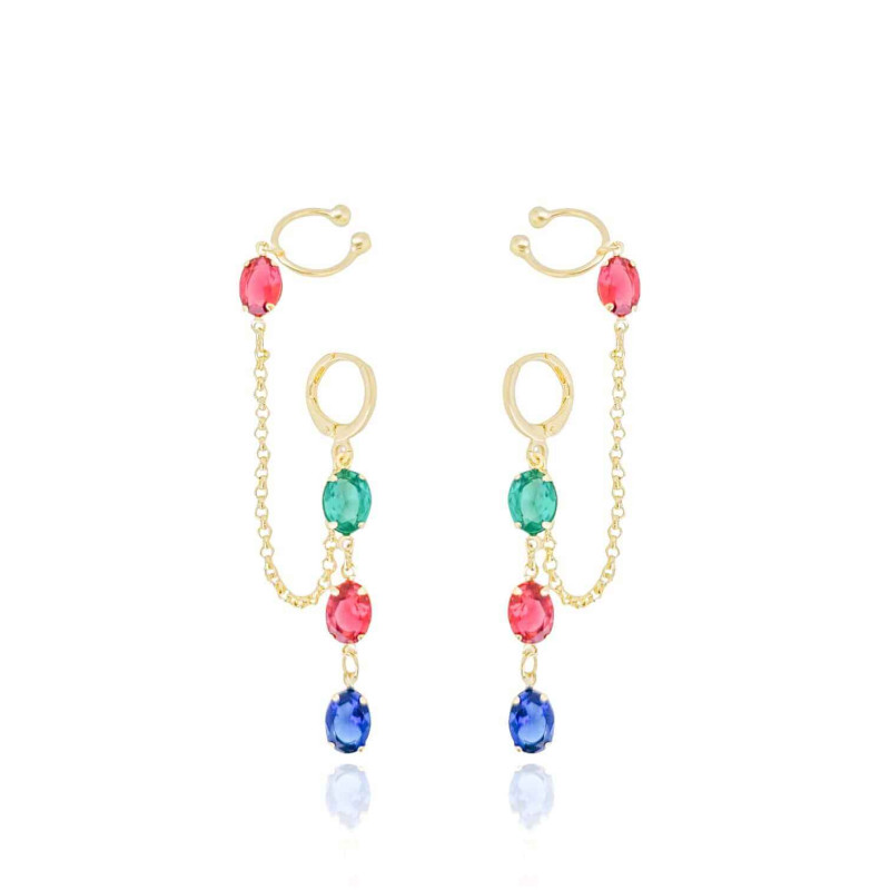 Brinco Argola Piercing Unilateral Ovais Coloridos Mix 1 Banhado a Ouro 18K