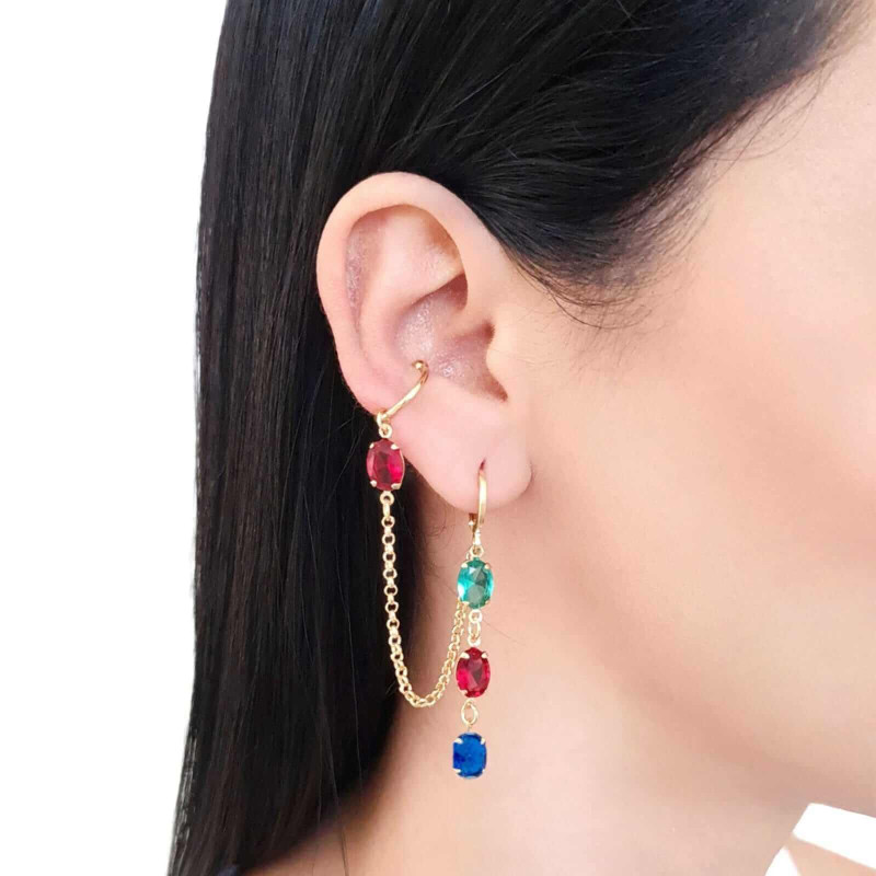 Brinco Argola Piercing Unilateral Ovais Coloridos Mix 1 Banhado a Ouro 18K