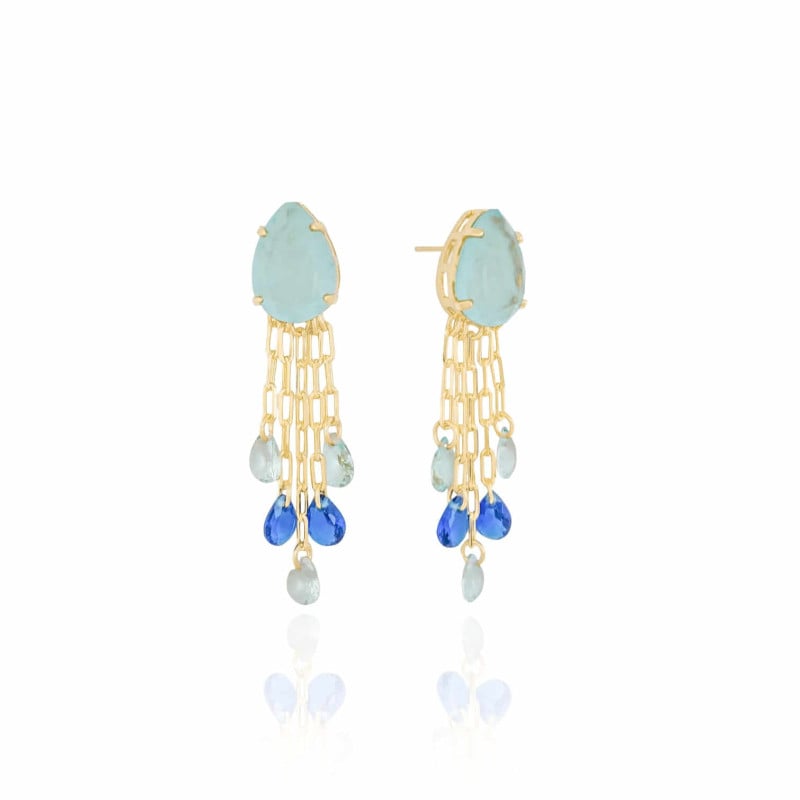 Brinco Gota Sky Correntes Gotas Safira Banhado a Ouro 18K