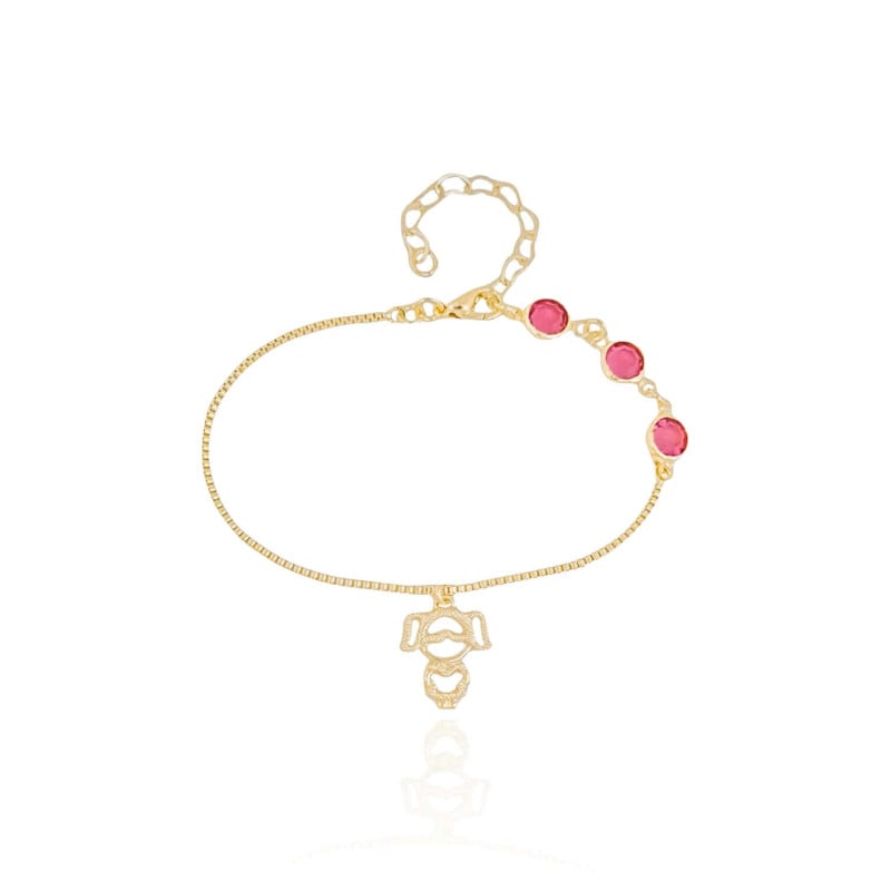 Pulseira Pontos de Luz Safira Rosa Pingente Menina Banhado a Ouro 18K